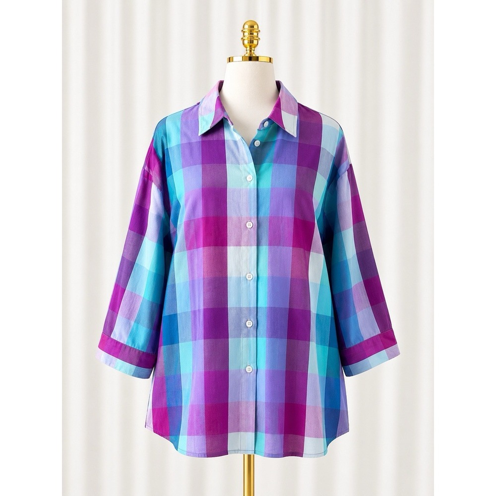 Denim & Co. Poplin Button Front Plaid Shirt Top Pink Aqua A498798 Size 3X